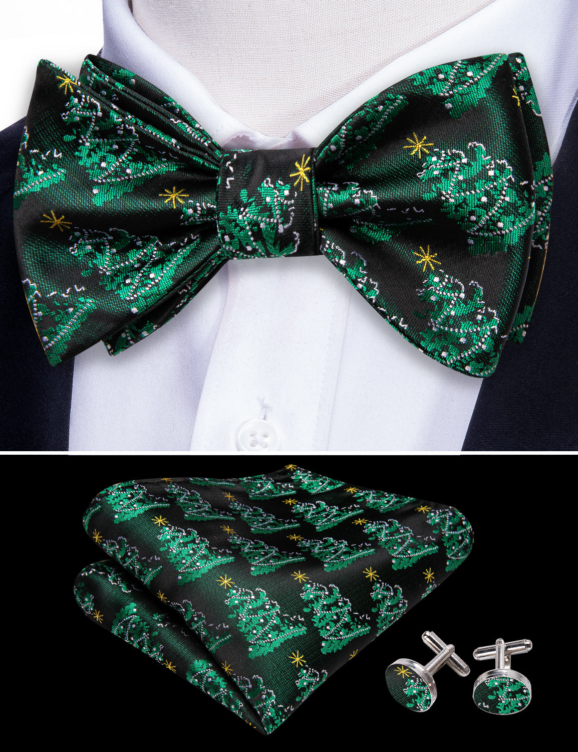 Christmas Green Tree Silk Mens Bow Tie Hanky Cufflinks Set