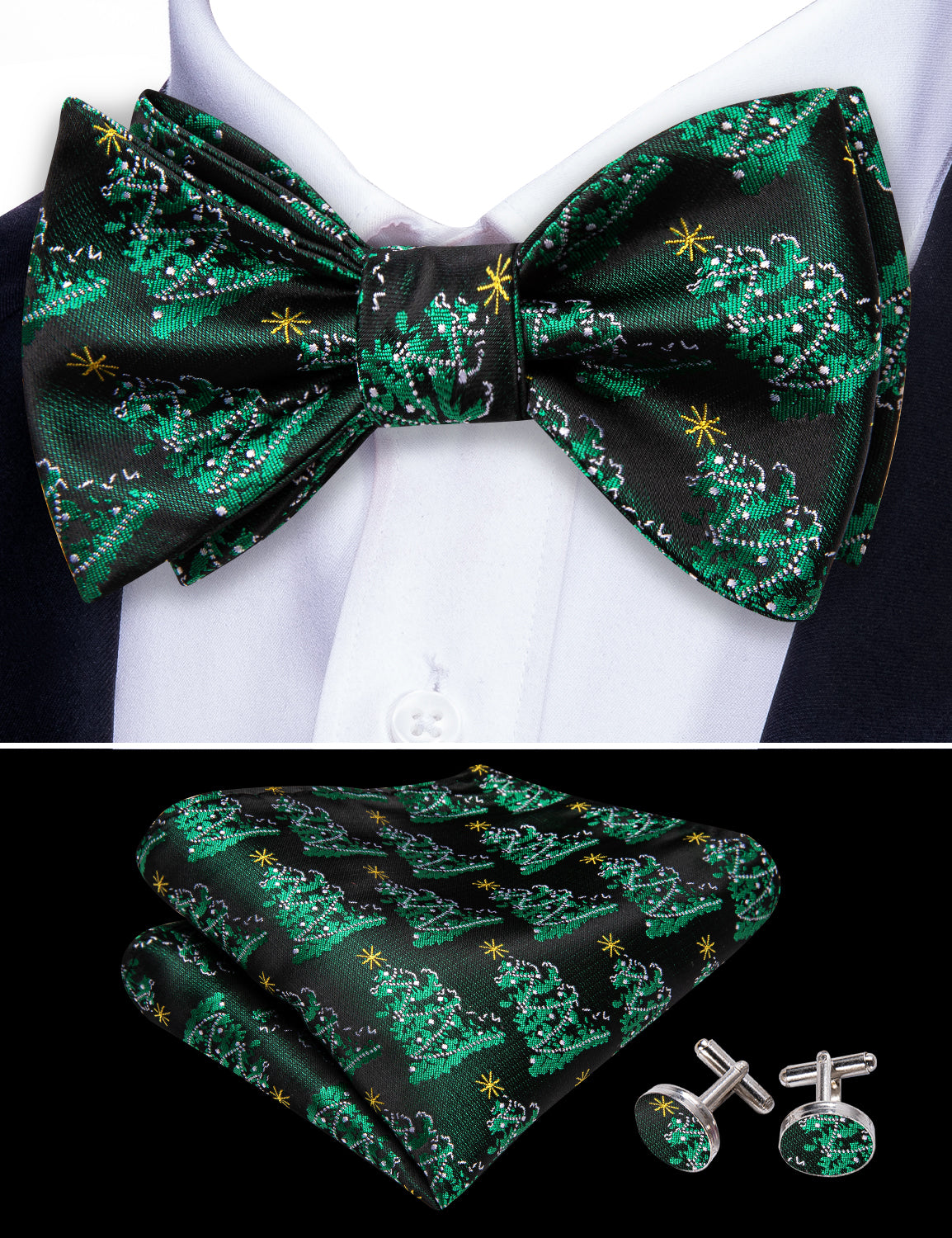 Christmas Green Tree Silk Mens Bow Tie Hanky Cufflinks Set