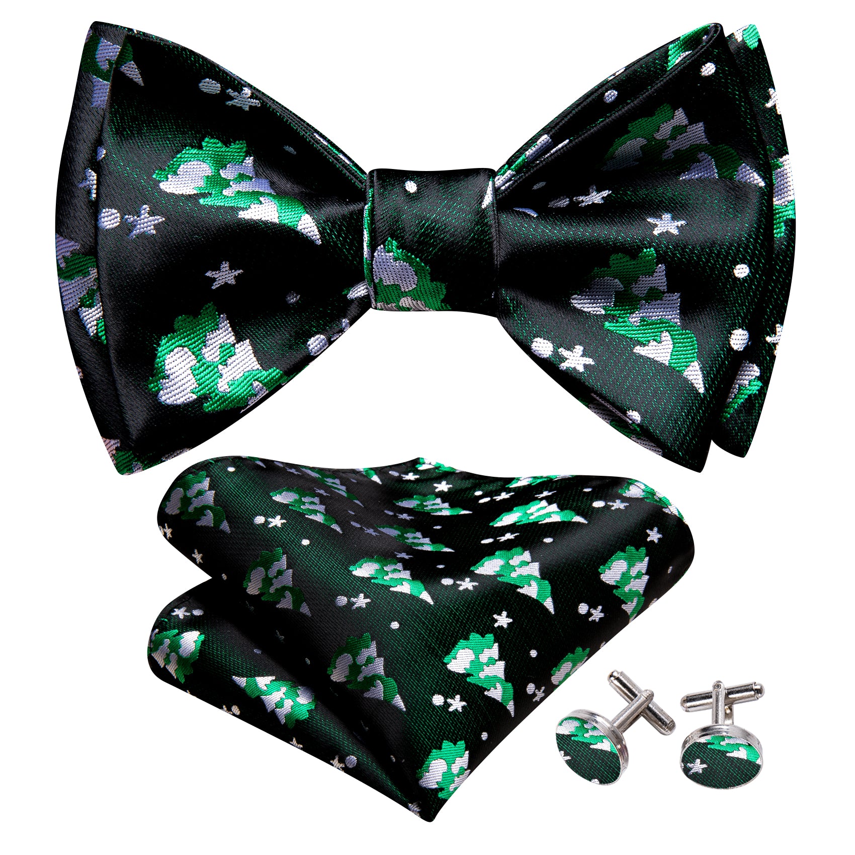 Christmas Black Green Xmas Tree Self Tied Mens Bow Tie Set