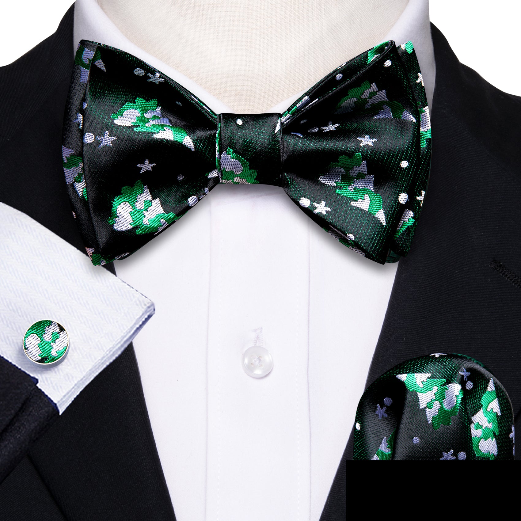 Christmas Black Green Xmas Tree Self Tied Mens Bow Tie Set