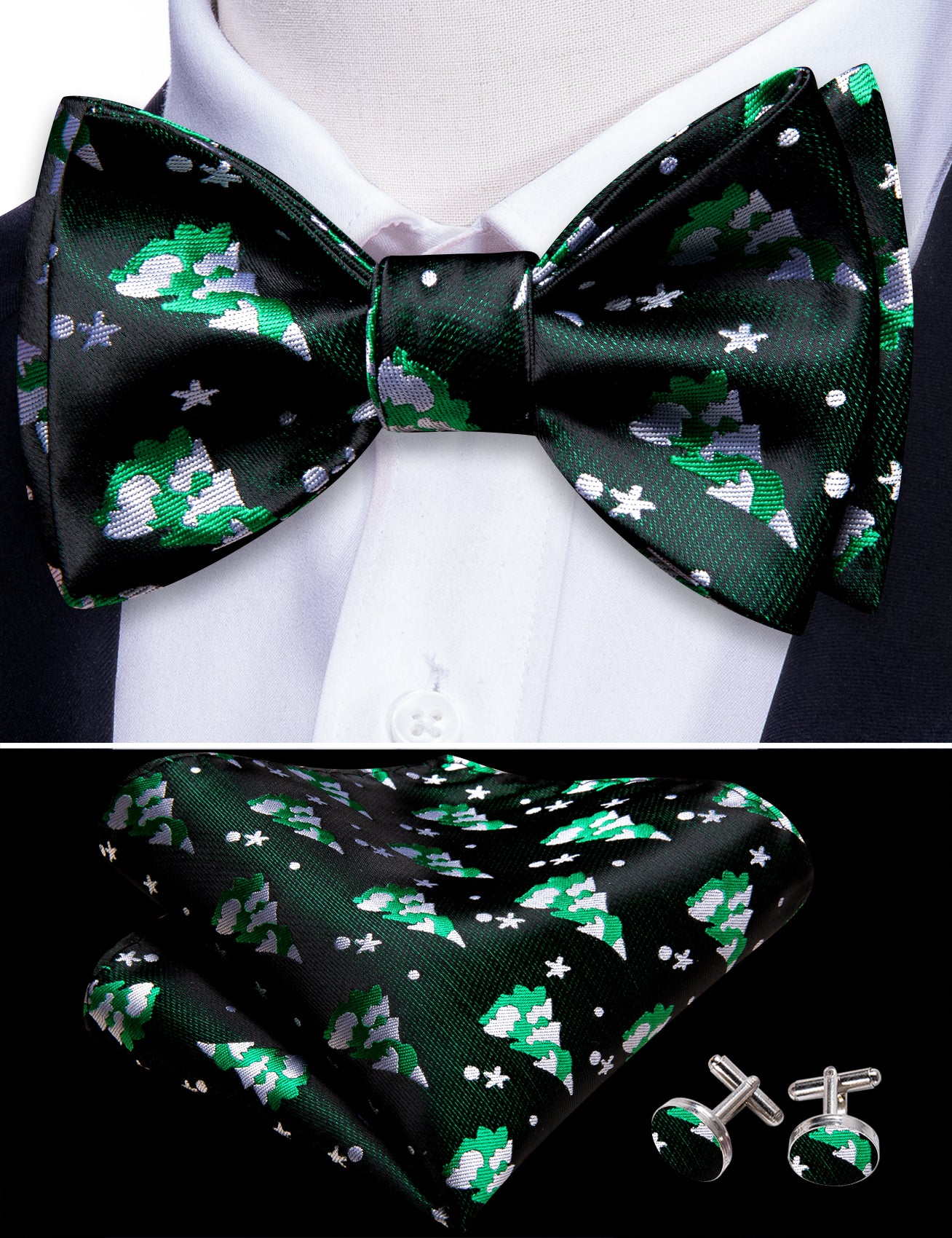 Christmas Black Green Xmas Tree Self Tied Mens Bow Tie Set