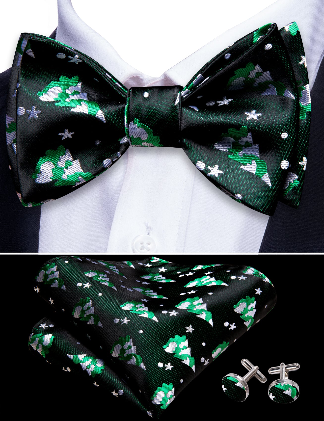 Christmas Black Green Xmas Tree Self Tied Mens Bow Tie Set