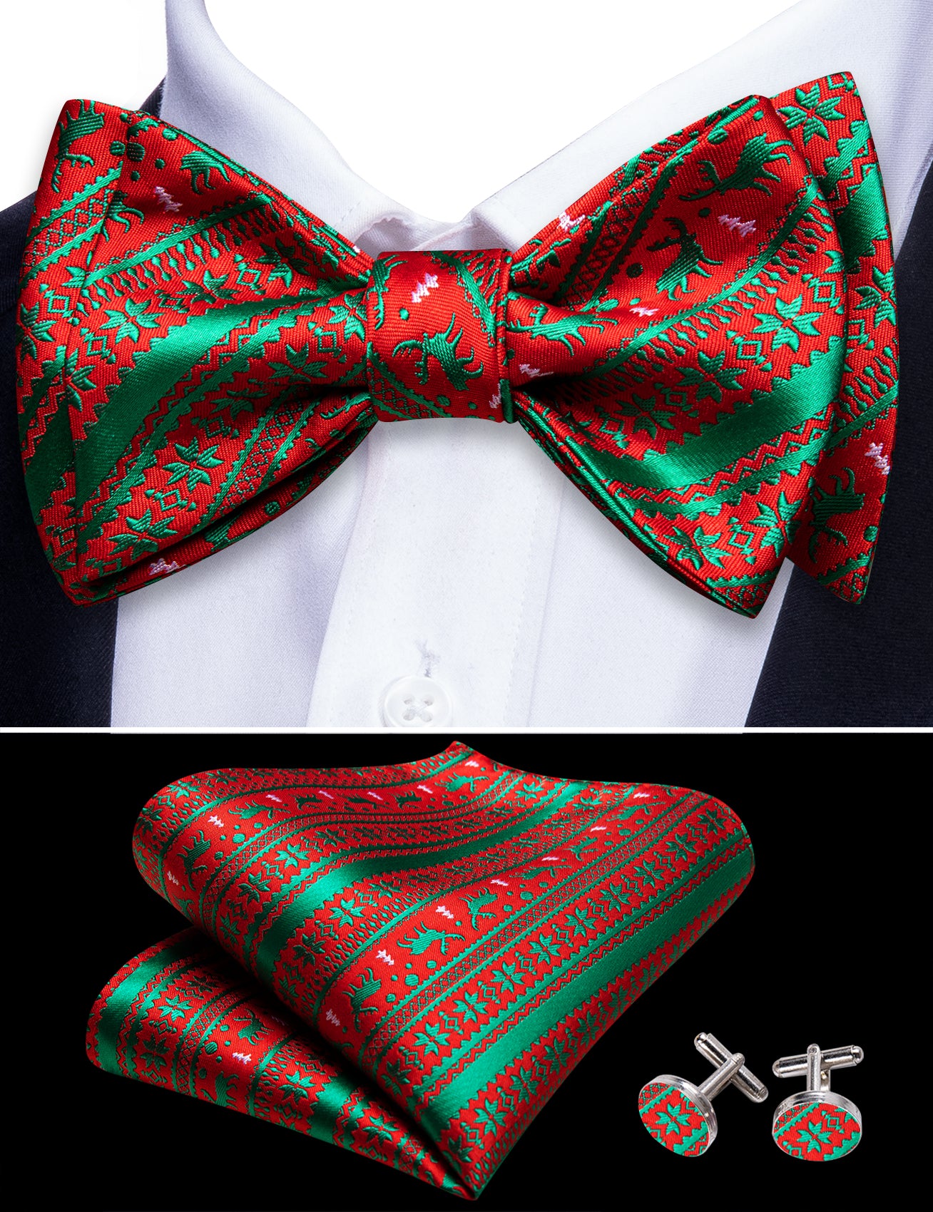 Barry Wang Christmas Green Red Xmas Elk Self Tied Bow Tie Hanky Cufflinks Set