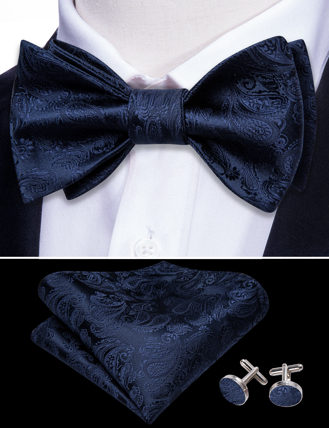 Ultra Marine Paisley Silk Bow Tie Hanky Cufflinks Set