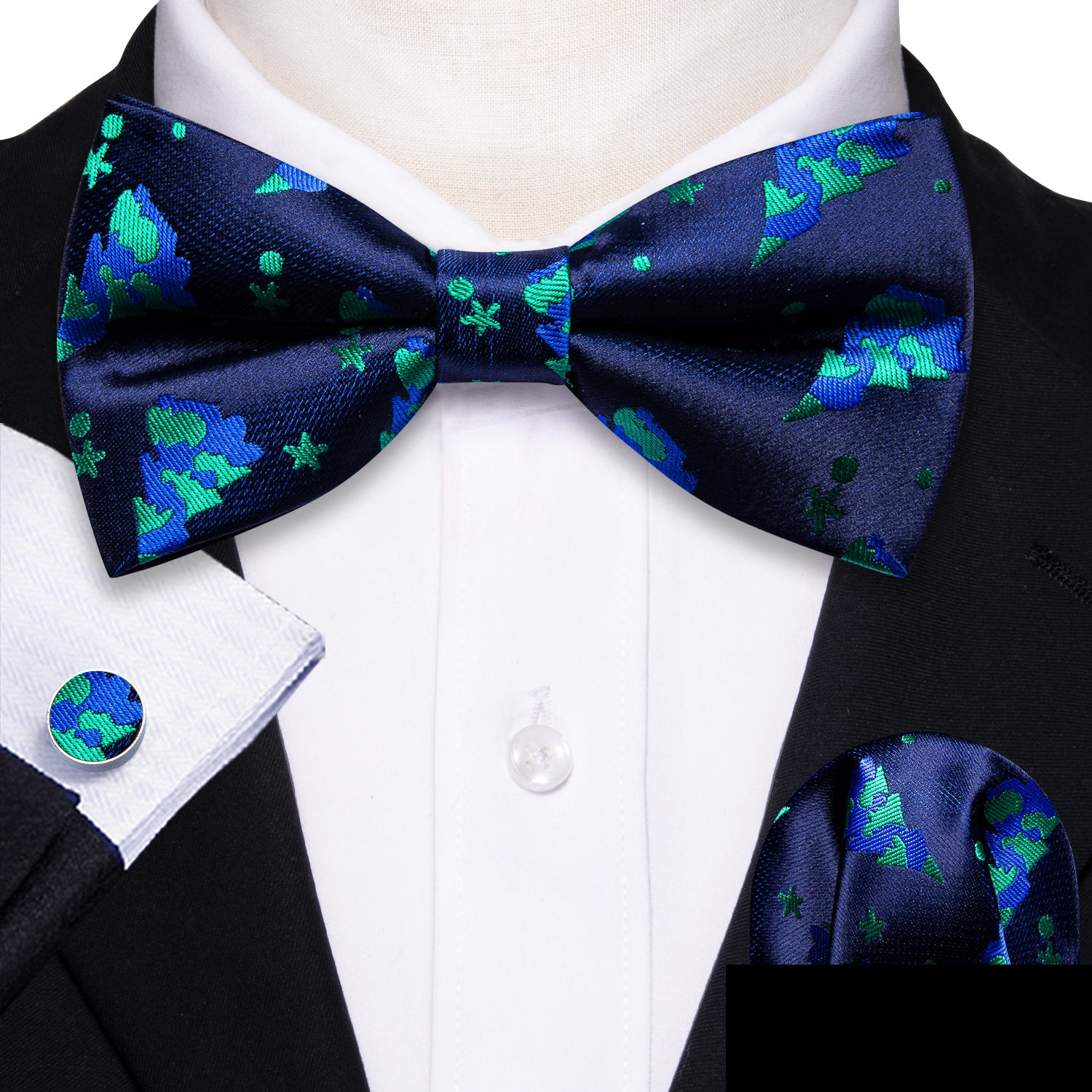 Barry Wang Christmas Blue Xmas Tree Silk Bow Tie Hanky Cufflinks Set