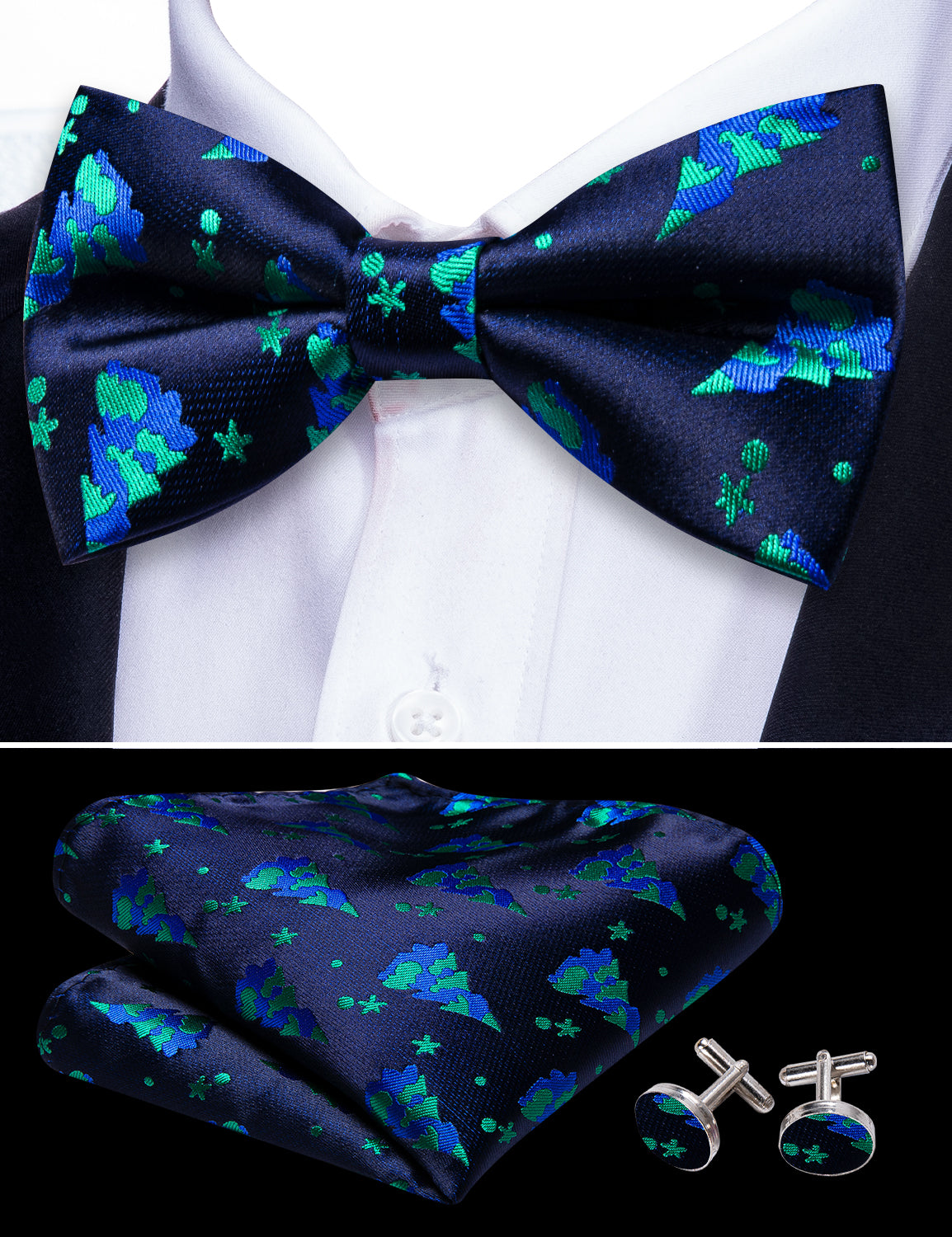 Barry Wang Christmas Blue Xmas Tree Silk Bow Tie Hanky Cufflinks Set