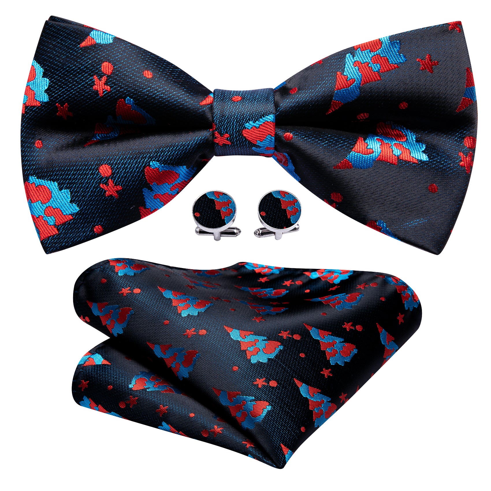 Barry Wang Christmas Black Xmas Tree Silk Bow Tie Hanky Cufflinks Set