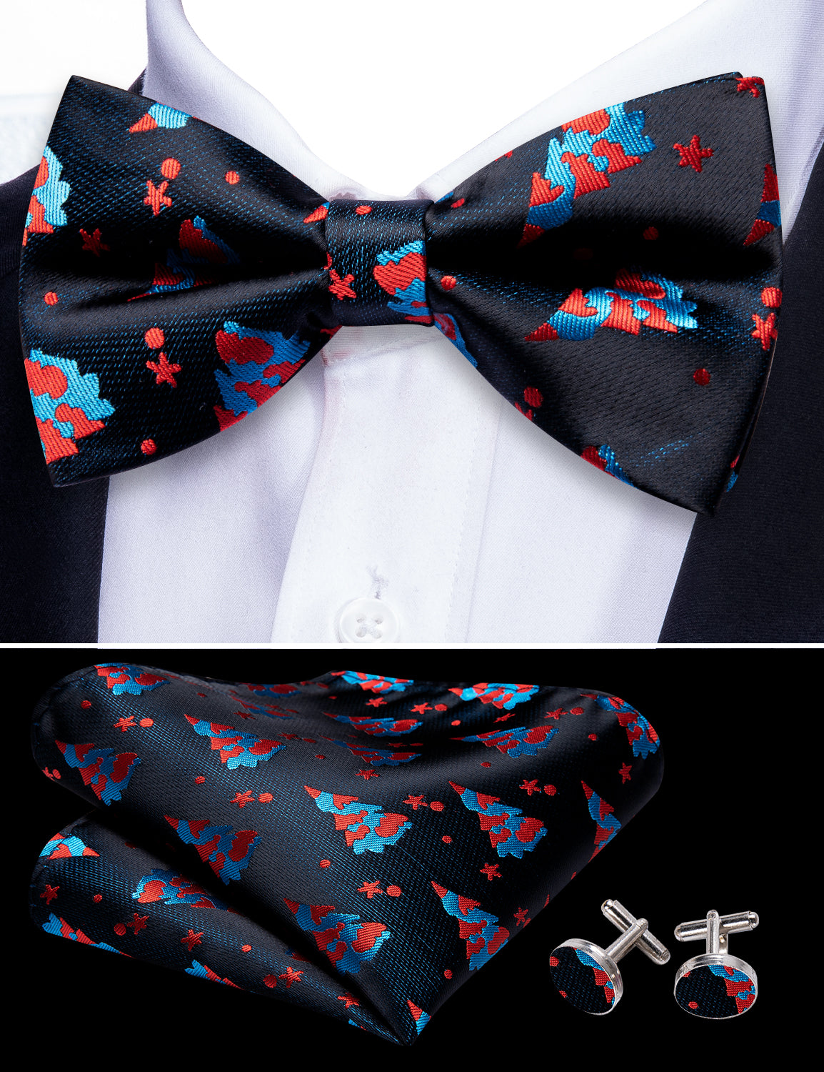 Barry Wang Christmas Black Xmas Tree Silk Bow Tie Hanky Cufflinks Set