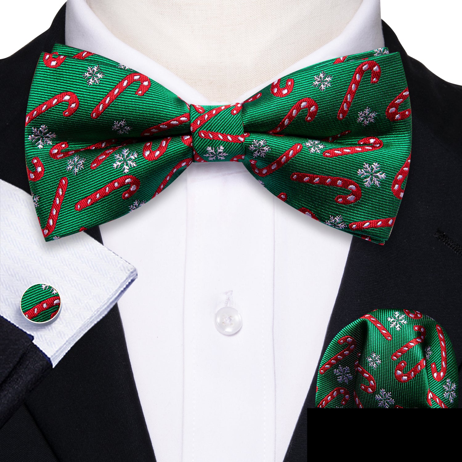 Christmas Green Xmas Crutch Silk Bow Tie Hanky Cufflinks Set