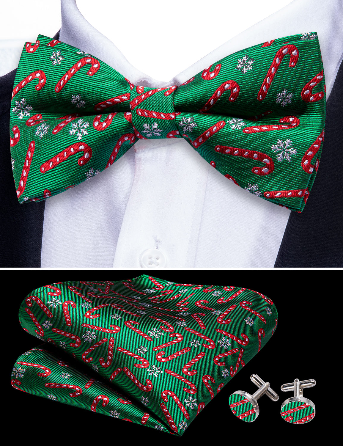 Christmas Green Xmas Crutch Silk Bow Tie Hanky Cufflinks Set