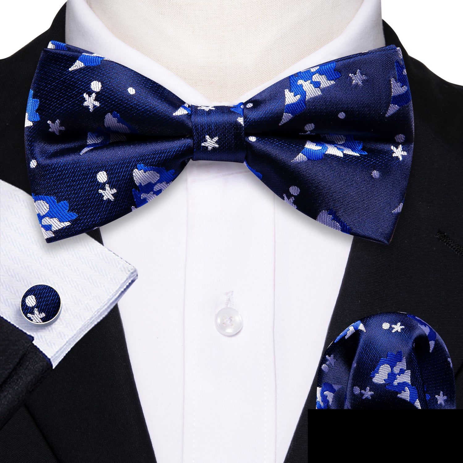 Barry Wang Christmas Blue White Xmas Tree Silk Bow Tie Hanky Cufflinks Set