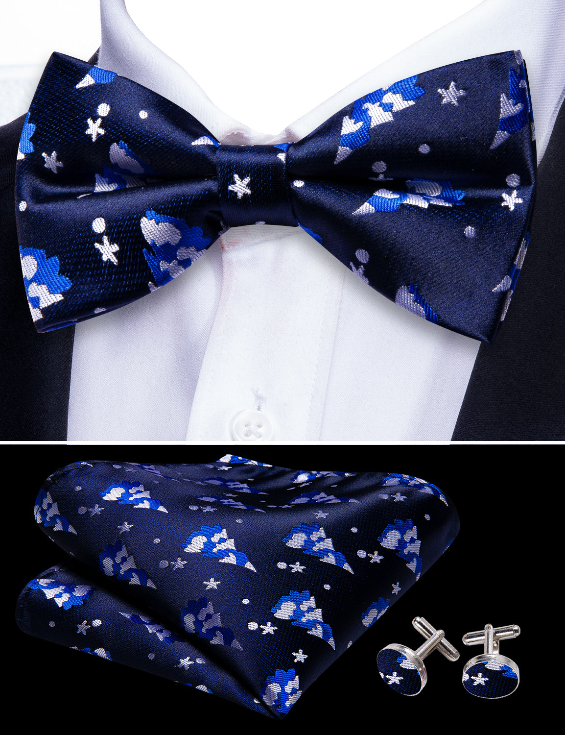 Barry Wang Christmas Blue White Xmas Tree Silk Bow Tie Hanky Cufflinks Set