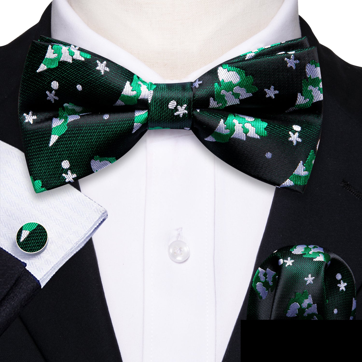 Christmas Green White Xmas Tree Silk Bow Tie Hanky Cufflinks Set