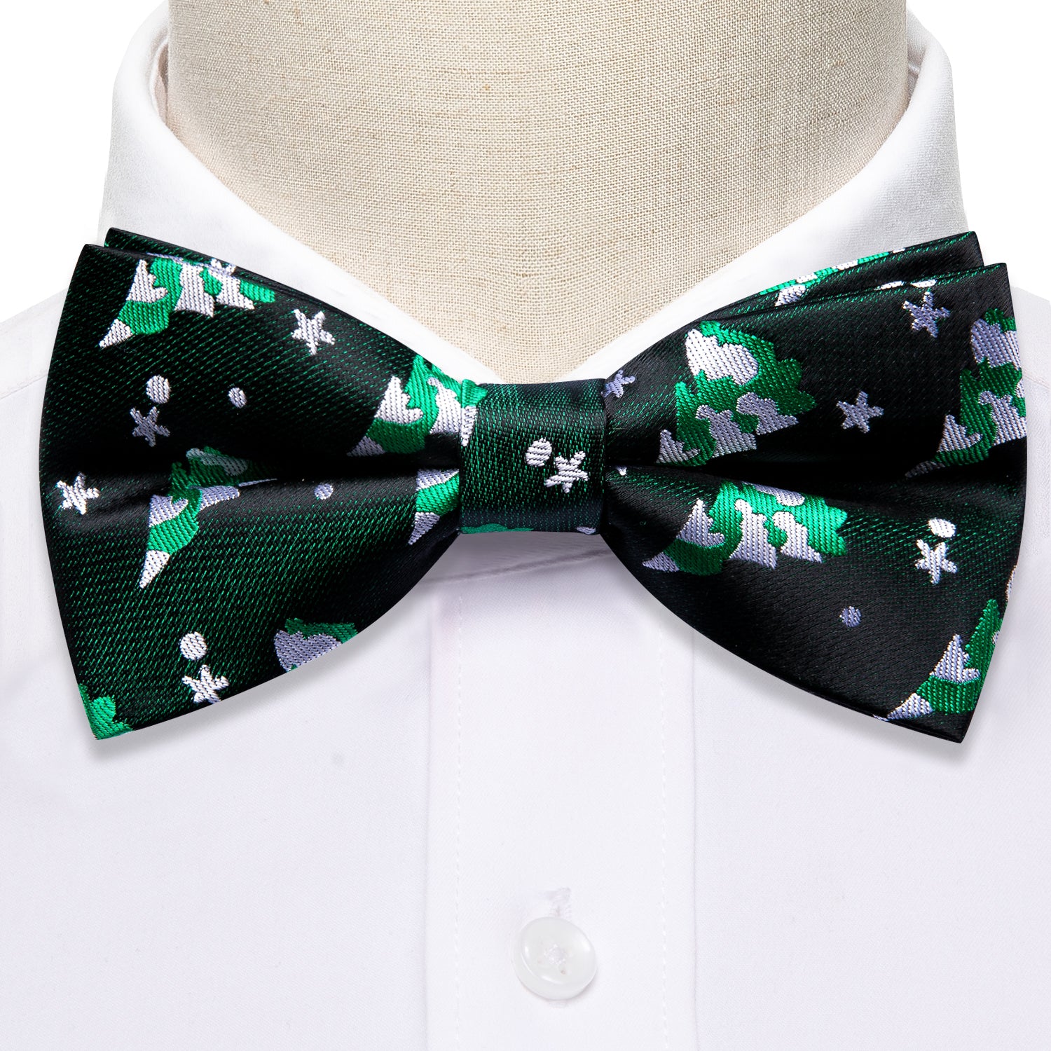 Christmas Green White Xmas Tree Silk Bow Tie Hanky Cufflinks Set