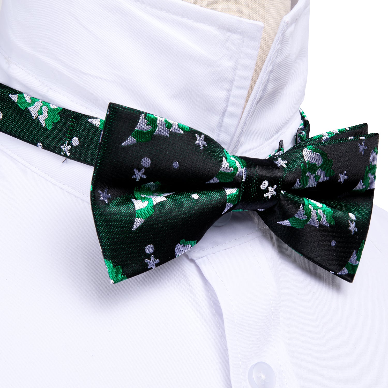 Christmas Green White Xmas Tree Silk Bow Tie Hanky Cufflinks Set