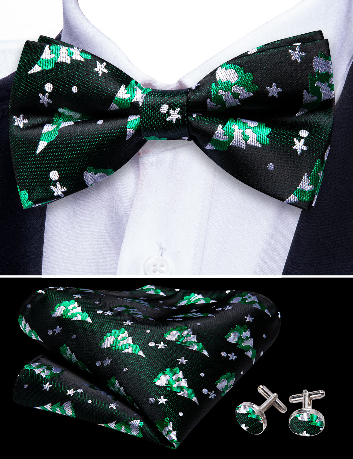 Christmas Green White Xmas Tree Silk Bow Tie Hanky Cufflinks Set