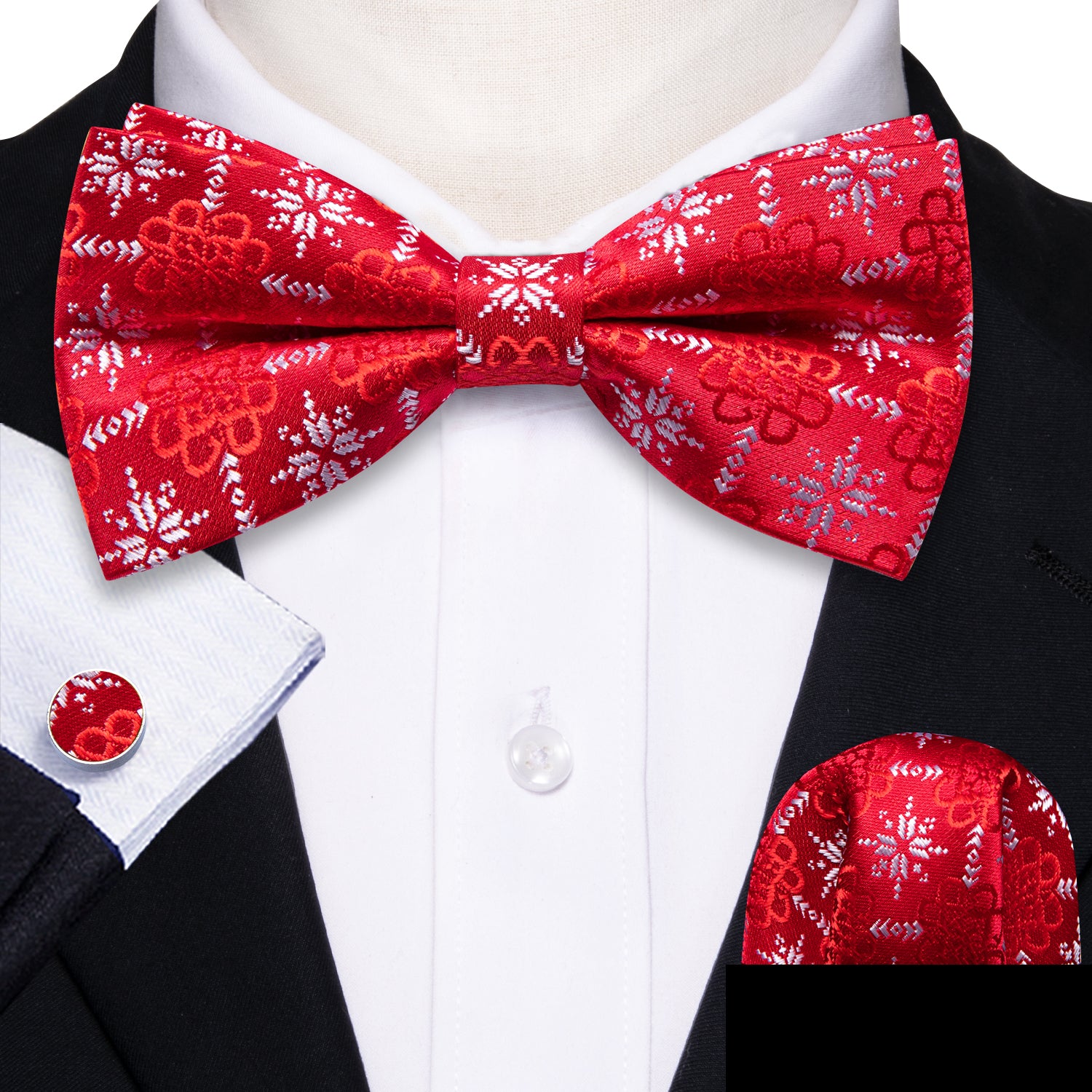 Christmas Red White Xmas Snowflake Silk Bow Tie Hanky Cufflinks Set