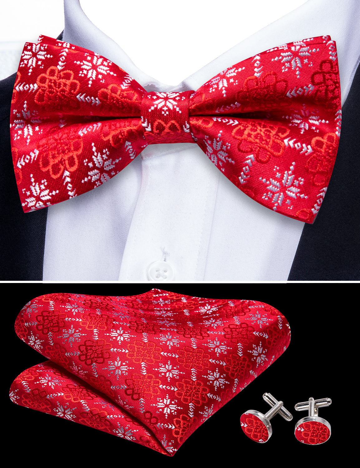 Christmas Red White Xmas Snowflake Silk Bow Tie Hanky Cufflinks Set