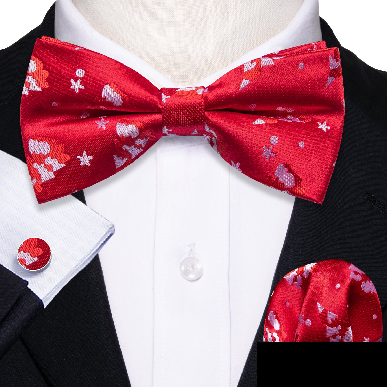 Christmas Red White Xmas Tree Silk Bow Tie Hanky Cufflinks Set