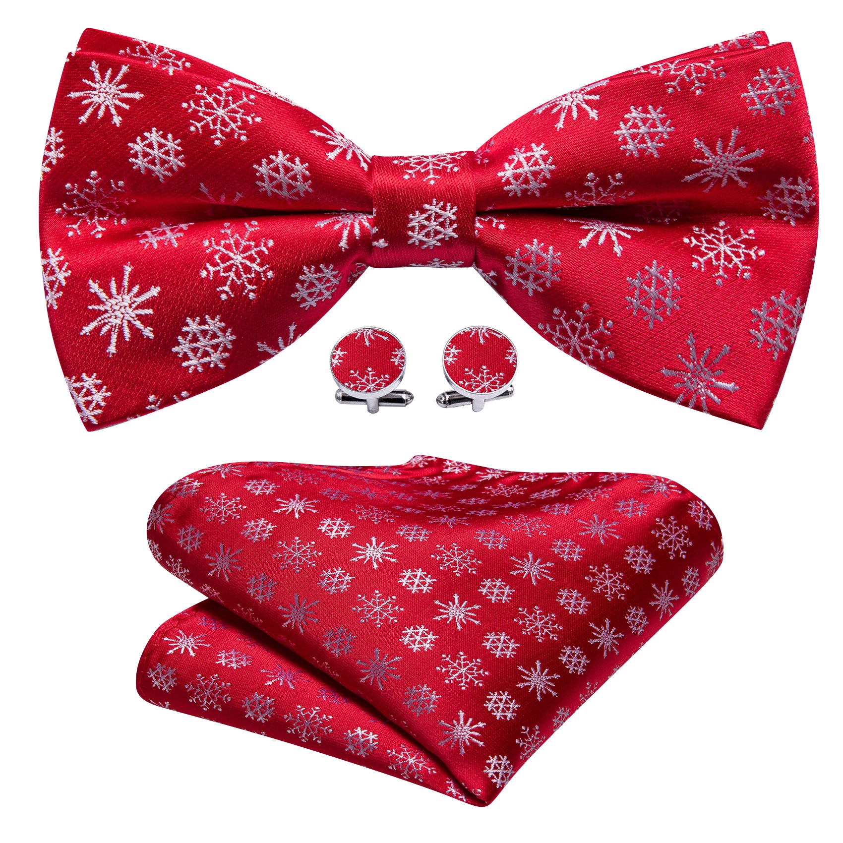 Christmas Red White Snowflake Pre Tied Bow Tie Hanky Cufflinks Set