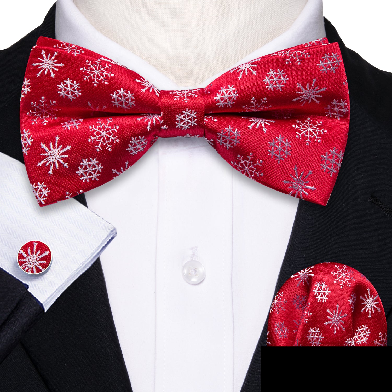 Christmas Red White Snowflake Pre Tied Bow Tie Hanky Cufflinks Set