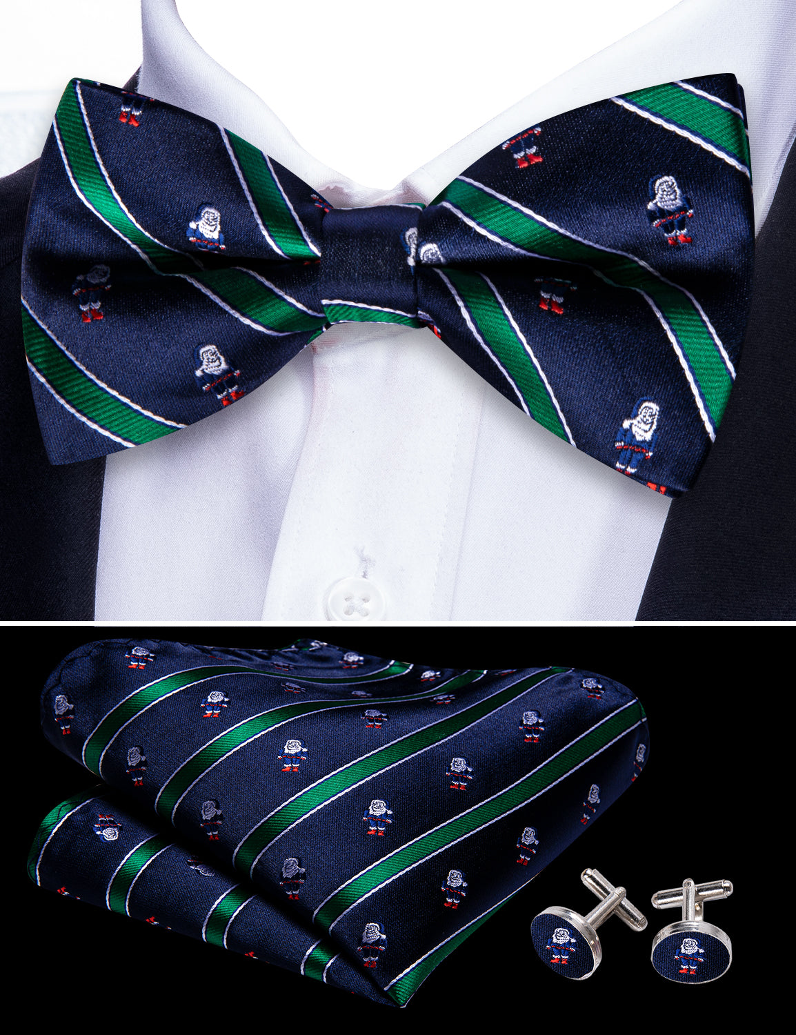 Barry Wang Christmas Blue Green Santa Claus Pre Tied Bow Tie Hanky Cufflinks Set