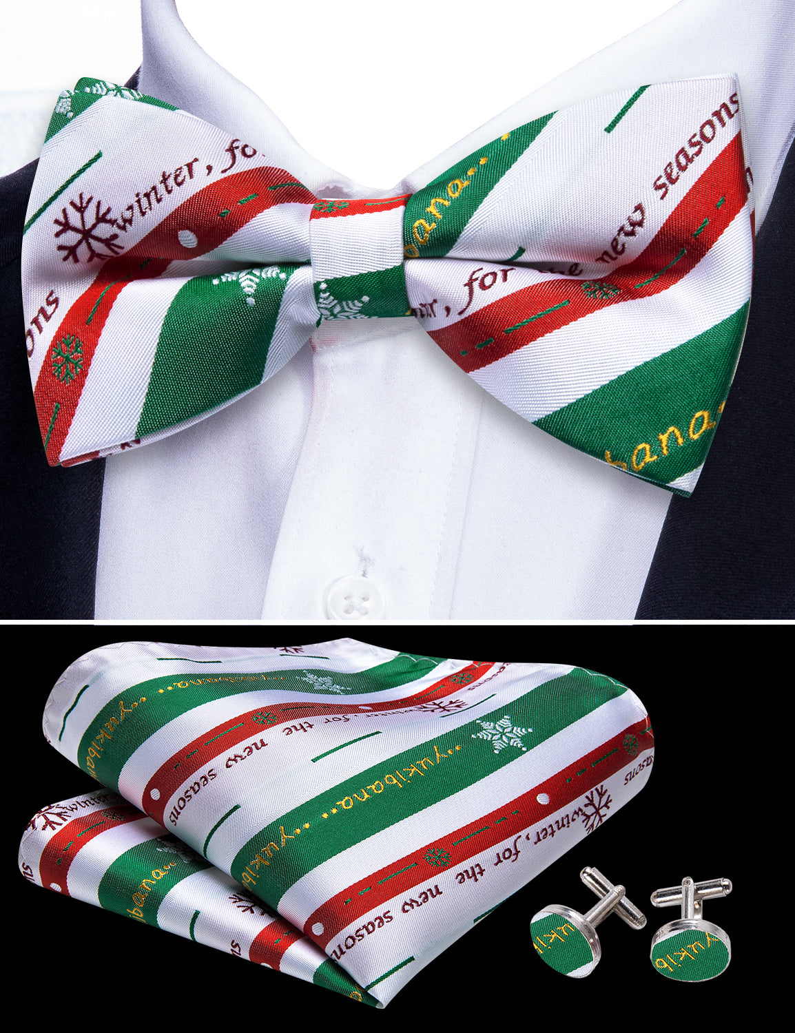 Christmas White Green Xmas Pattern Pre Tied Bow Tie Hanky Cufflinks Set