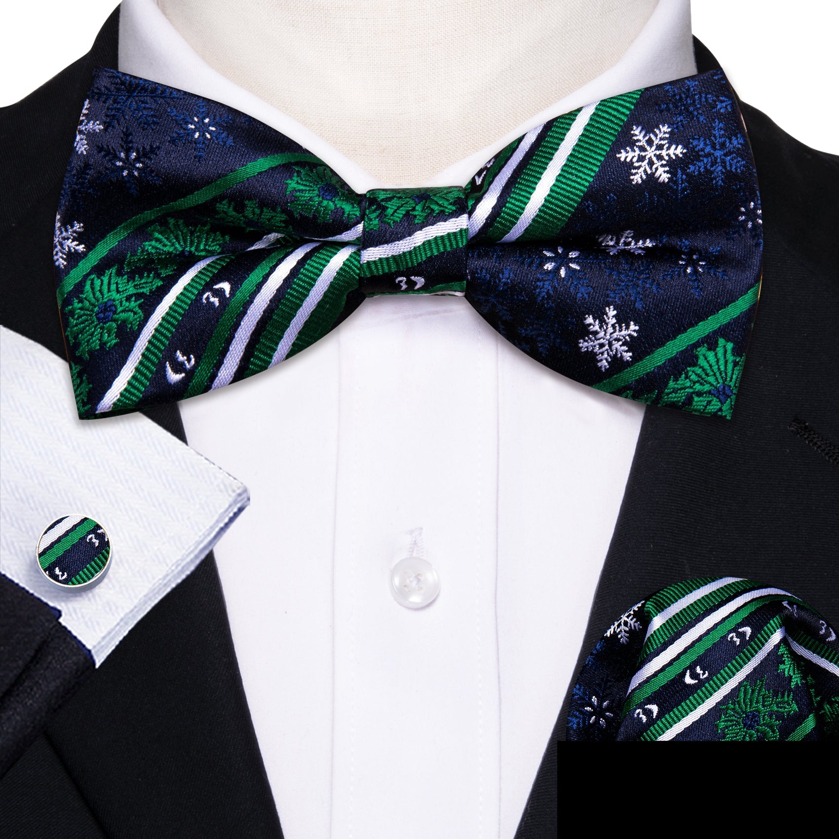 Barry Wang Christmas Blue Green Snowflake Silk Bow Tie Hanky Cufflinks Set