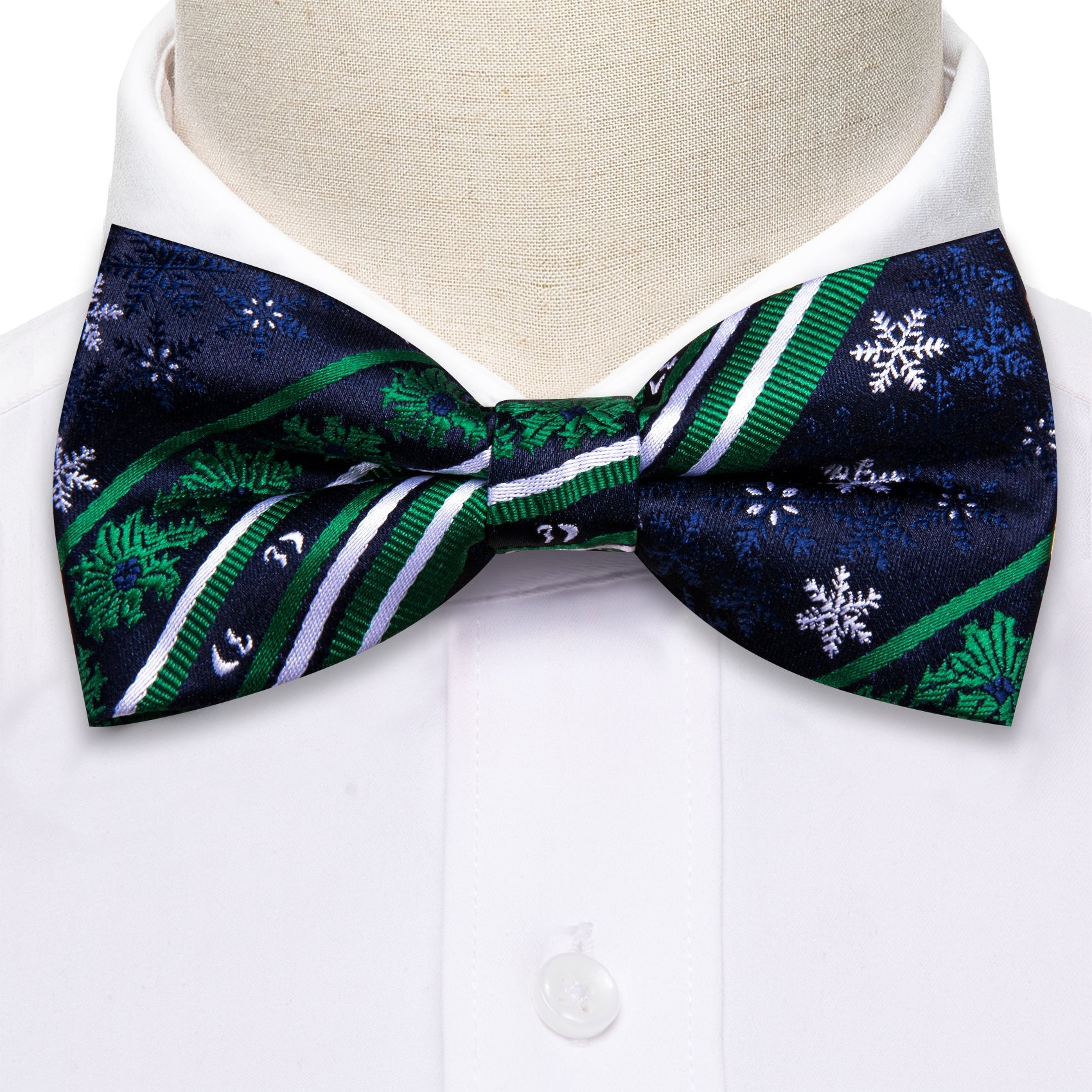 Barry Wang Christmas Blue Green Snowflake Silk Bow Tie Hanky Cufflinks Set