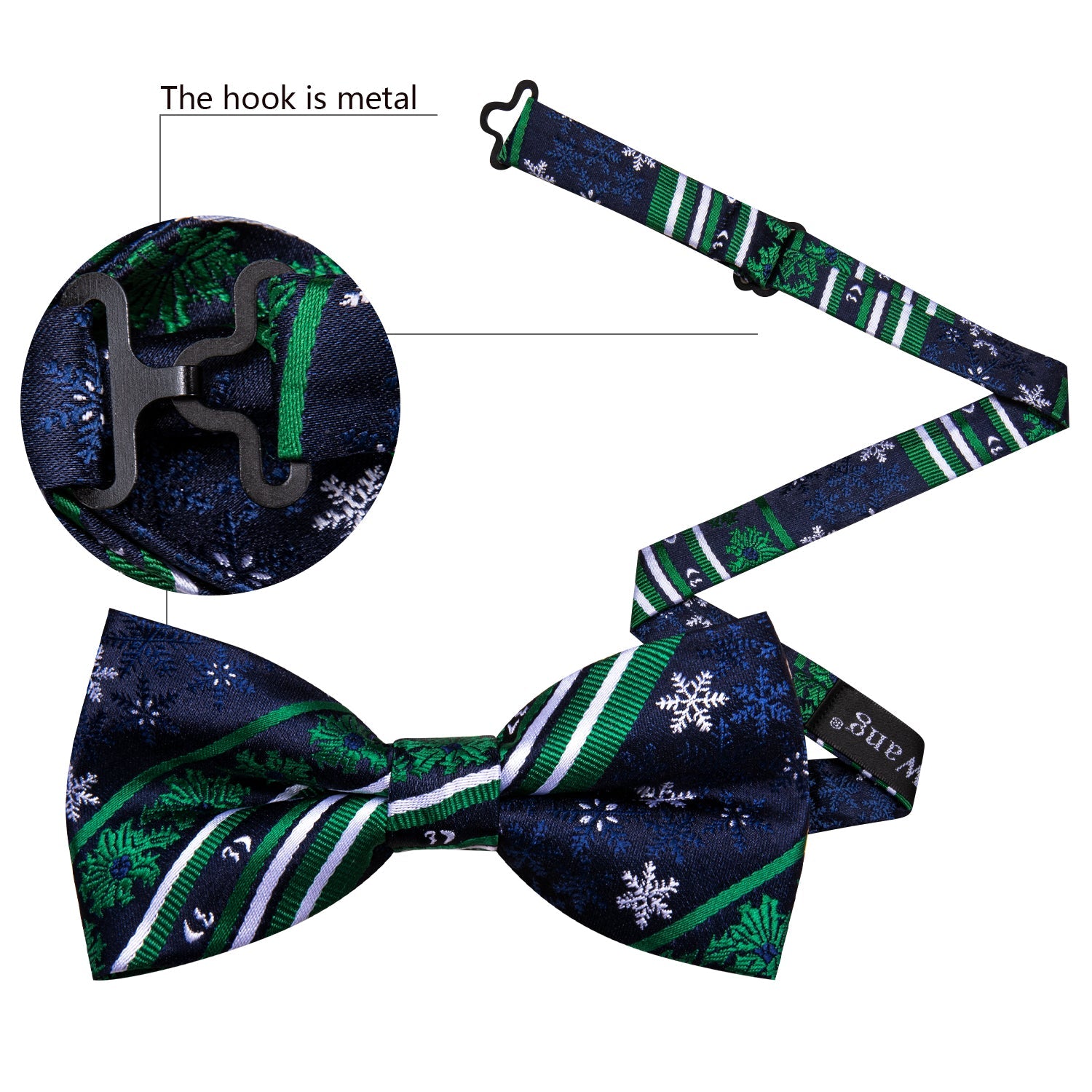 Barry Wang Christmas Blue Green Snowflake Silk Bow Tie Hanky Cufflinks Set