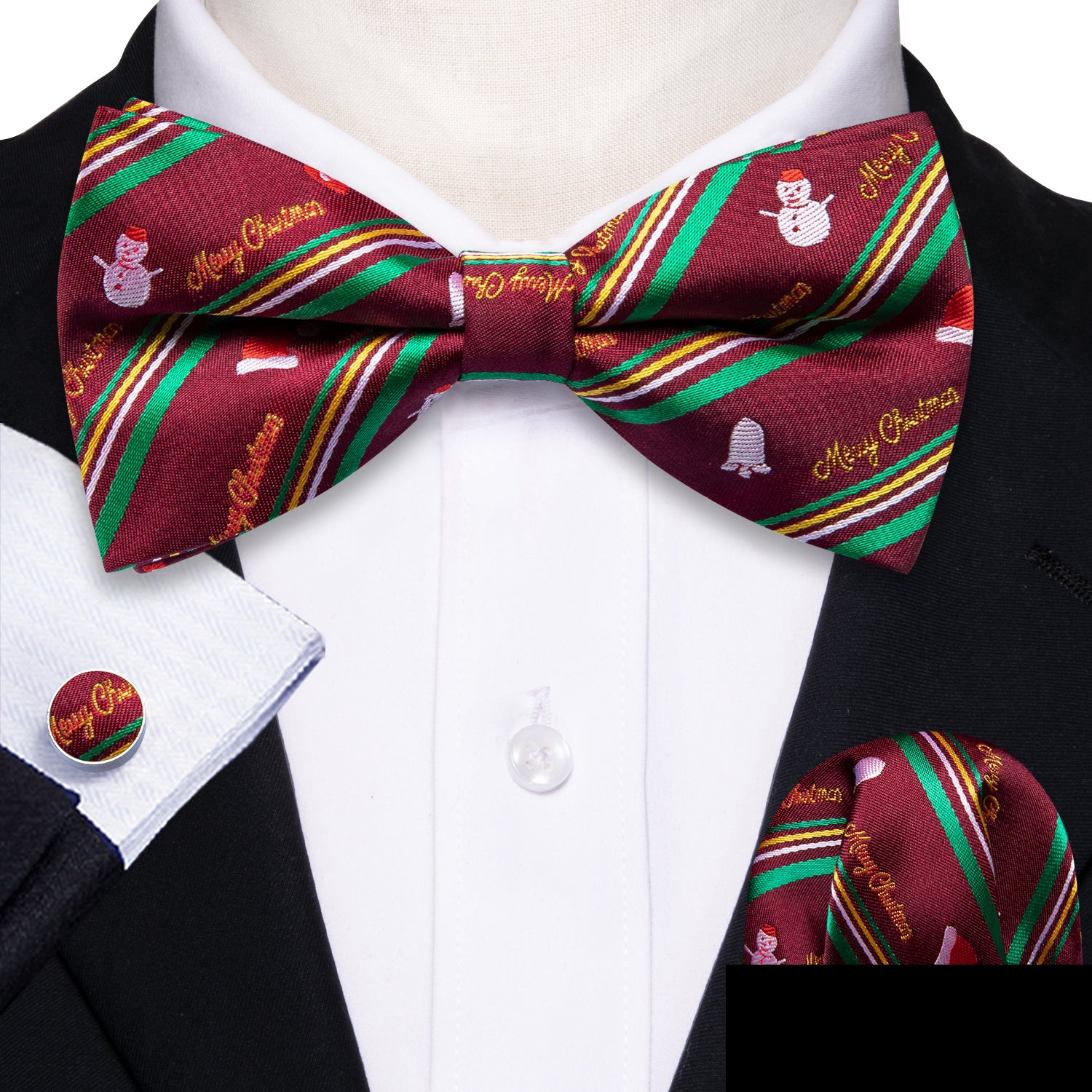 Christmas Green Red Xmas Snowman Pre Tied Mens Bow Tie Set