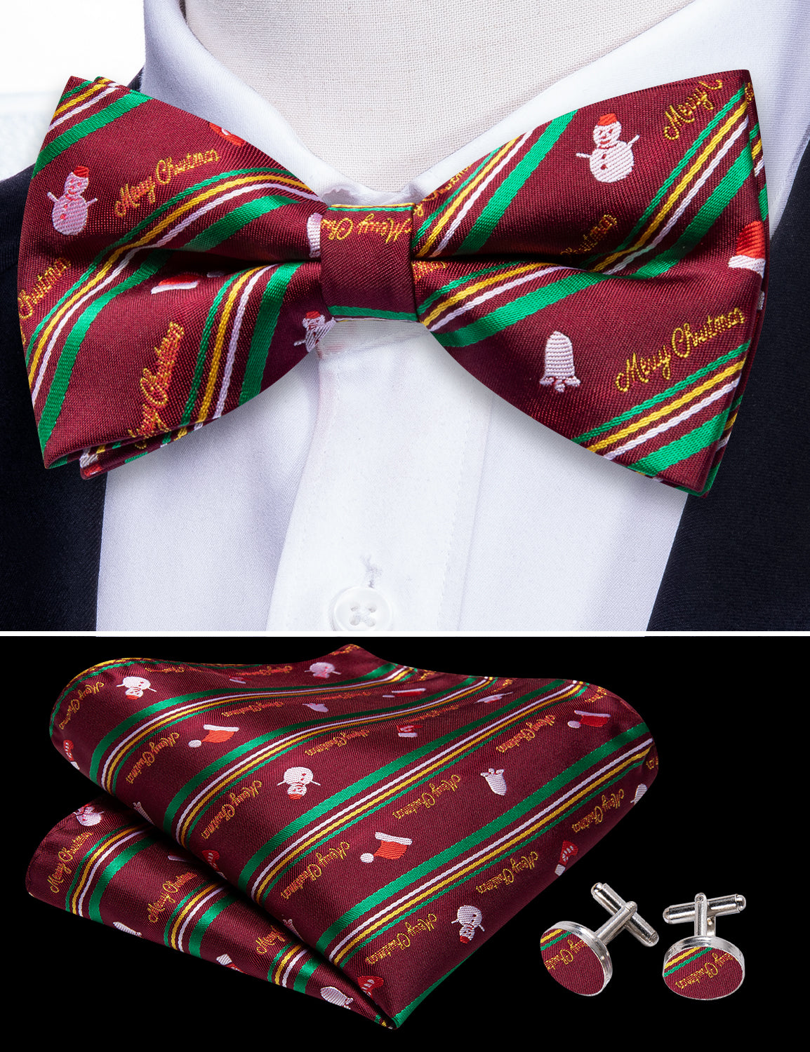 Christmas Green Red Xmas Snowman Pre Tied Mens Bow Tie Set