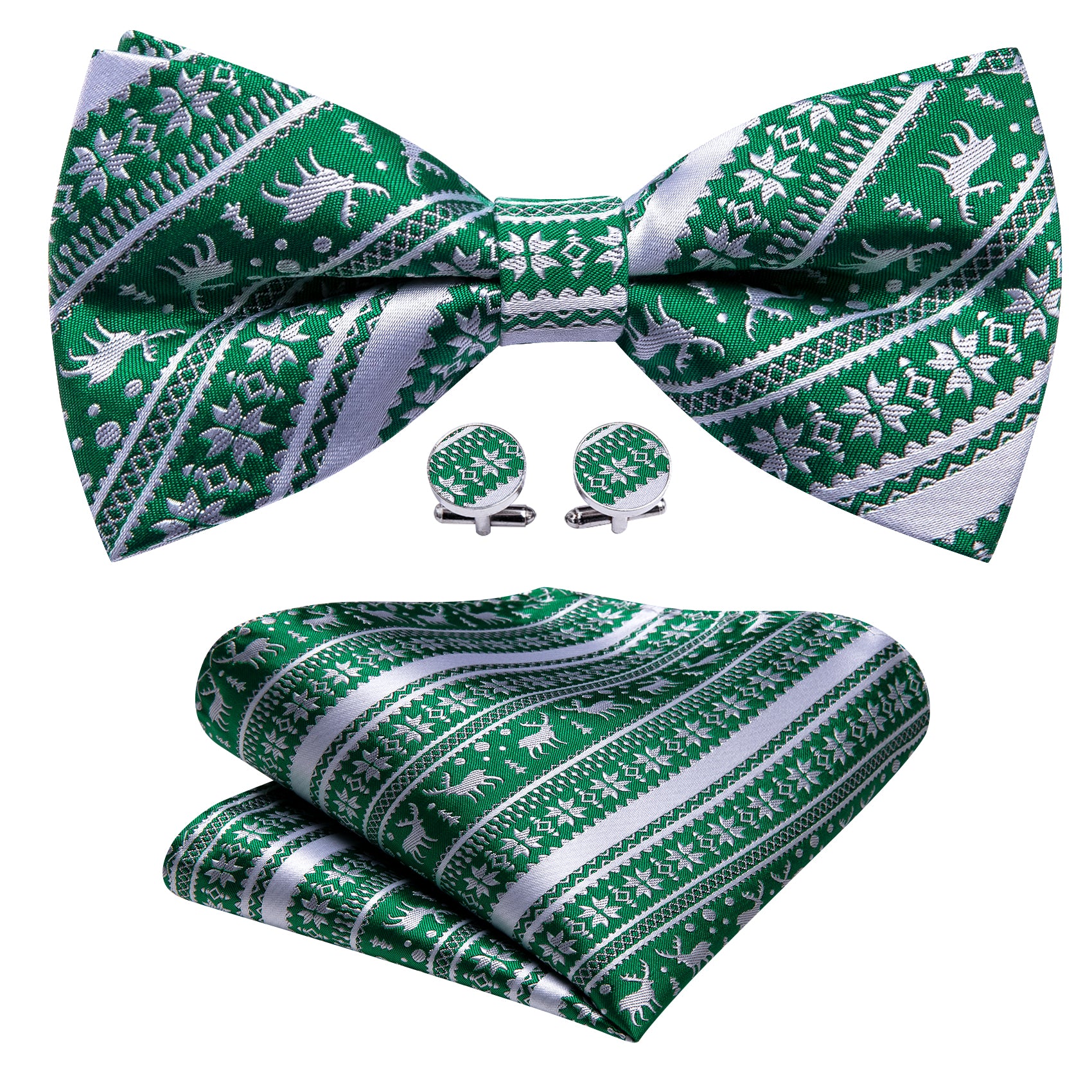 Barry.wang Christmas Tie Green White Xmas Elk Pre Tied Bow Tie Hanky Cufflinks Set