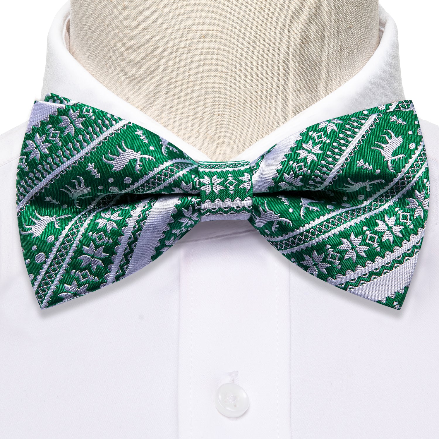 Barry.wang Christmas Tie Green White Xmas Elk Pre Tied Bow Tie Hanky Cufflinks Set