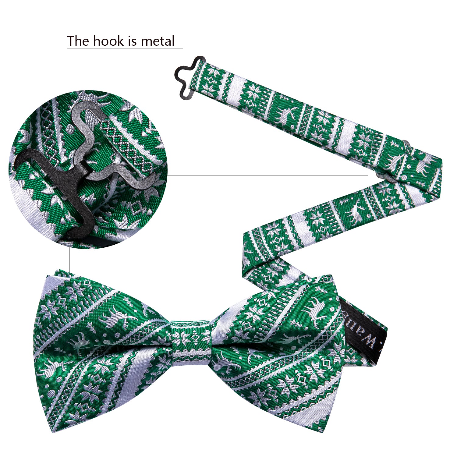 Barry.wang Christmas Tie Green White Xmas Elk Pre Tied Bow Tie Hanky Cufflinks Set