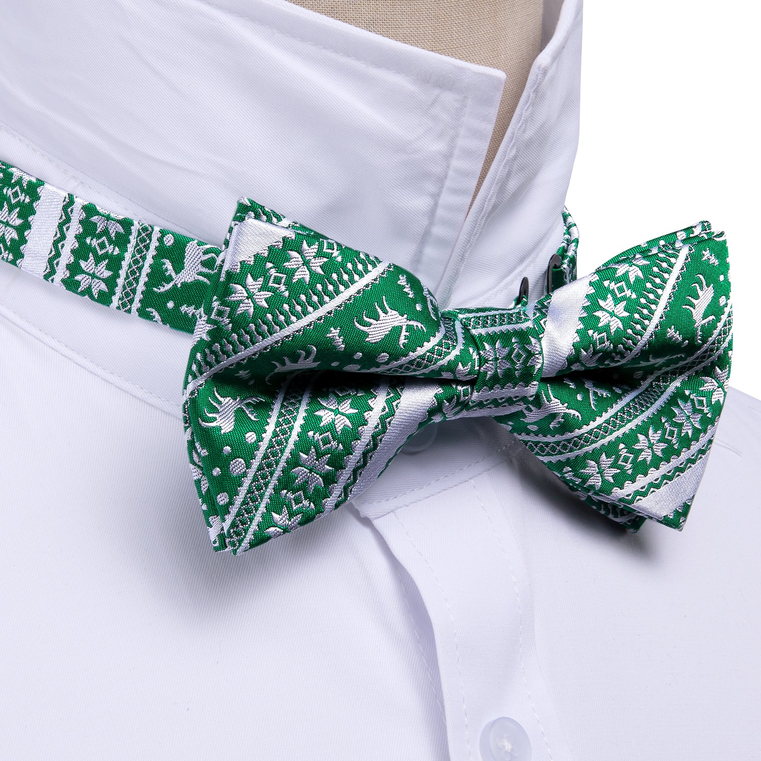 Barry.wang Christmas Tie Green White Xmas Elk Pre Tied Bow Tie Hanky Cufflinks Set