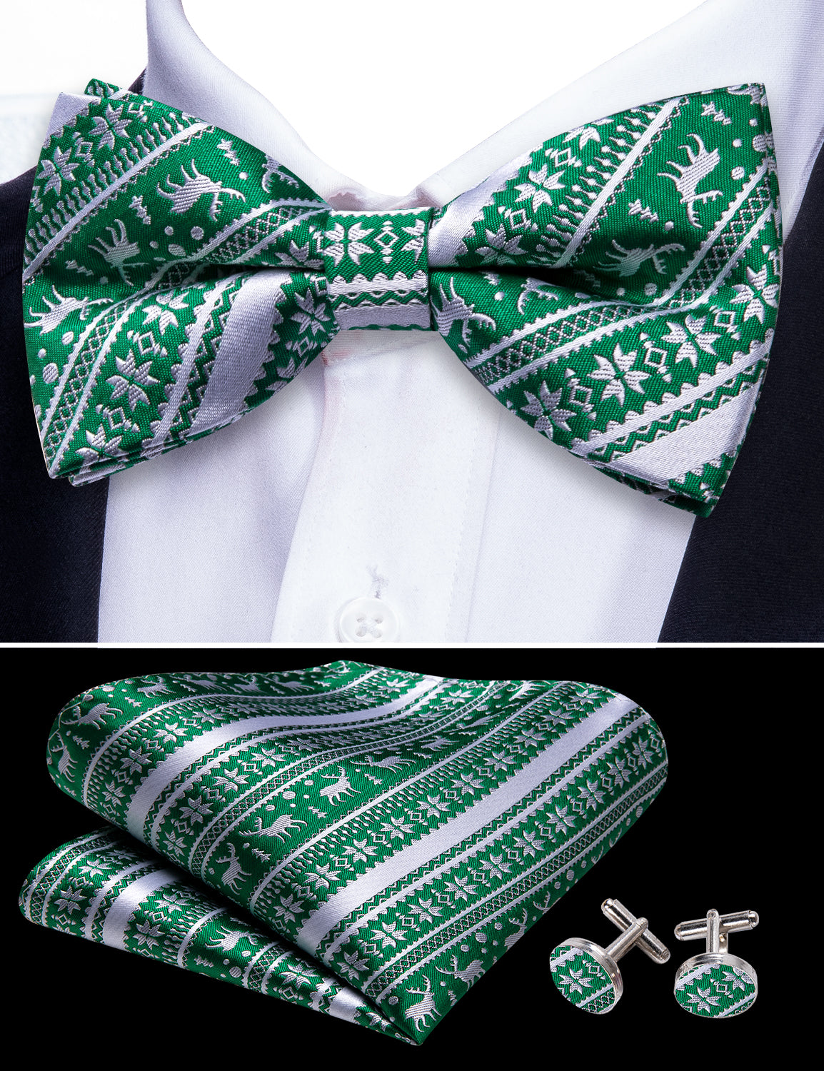 Barry.wang Christmas Tie Green White Xmas Elk Pre Tied Bow Tie Hanky Cufflinks Set