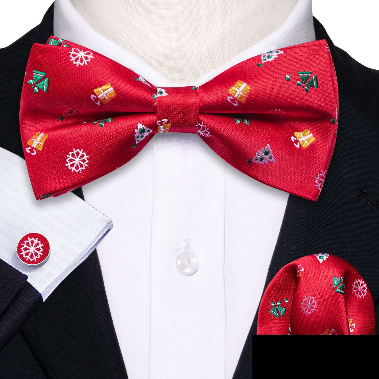 Christmas Red Xmas Pattern Pre Tied Bow Tie Hanky Cufflinks Set