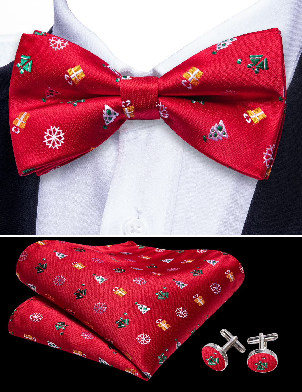 Christmas Red Xmas Pattern Pre Tied Bow Tie Hanky Cufflinks Set