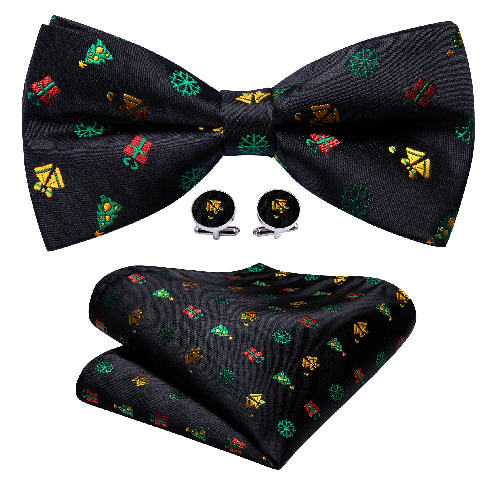 Christmas Black Xmas Pattern Bow Tie Hanky Cufflinks Set