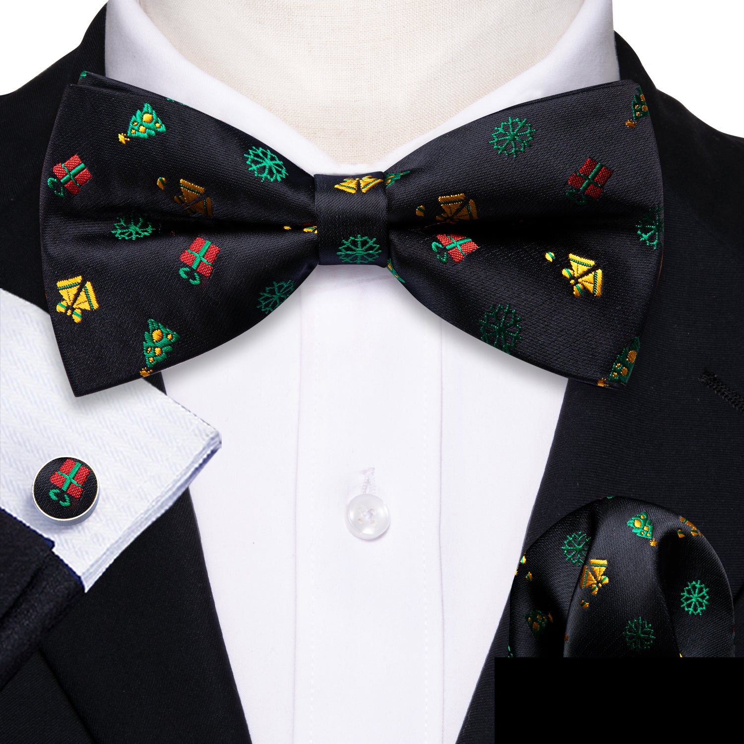  Christmas Black Xmas Pattern Bow Tie Hanky Cufflinks Set