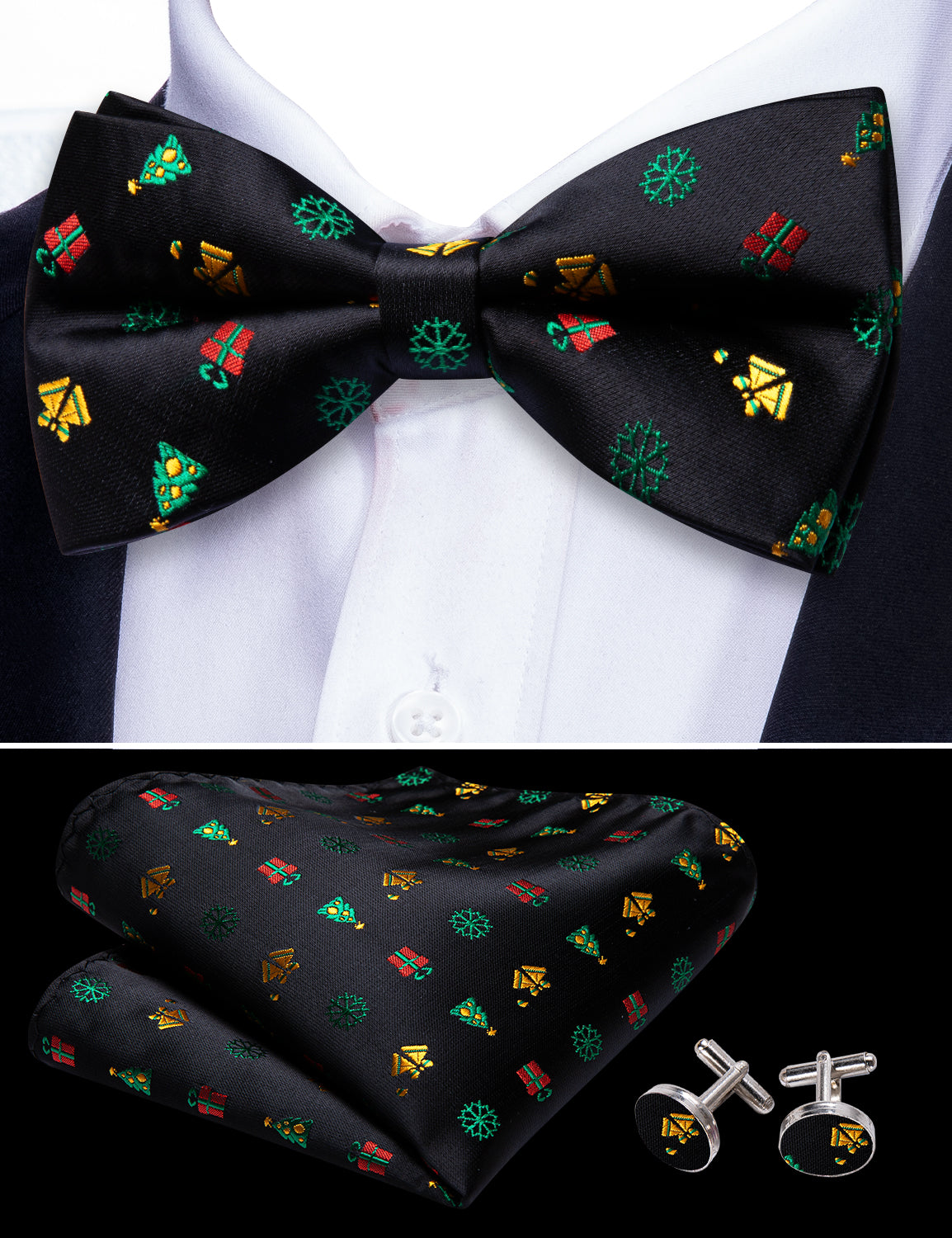 Christmas Black Xmas Pattern Bow Tie Hanky Cufflinks Set