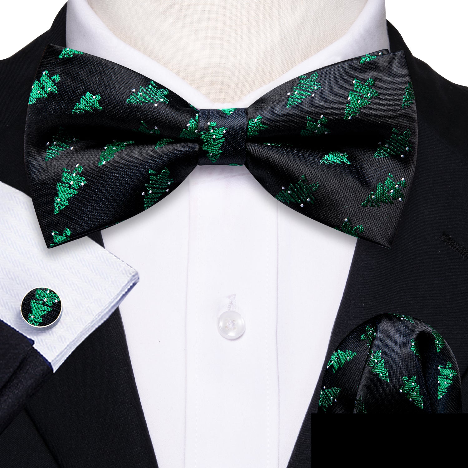 Barry Wang Christmas Black Green Tree Men Bow Tie Hanky Cufflinks Set