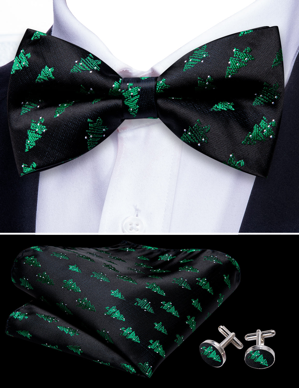 Barry Wang Christmas Black Green Tree Men Bow Tie Hanky Cufflinks Set