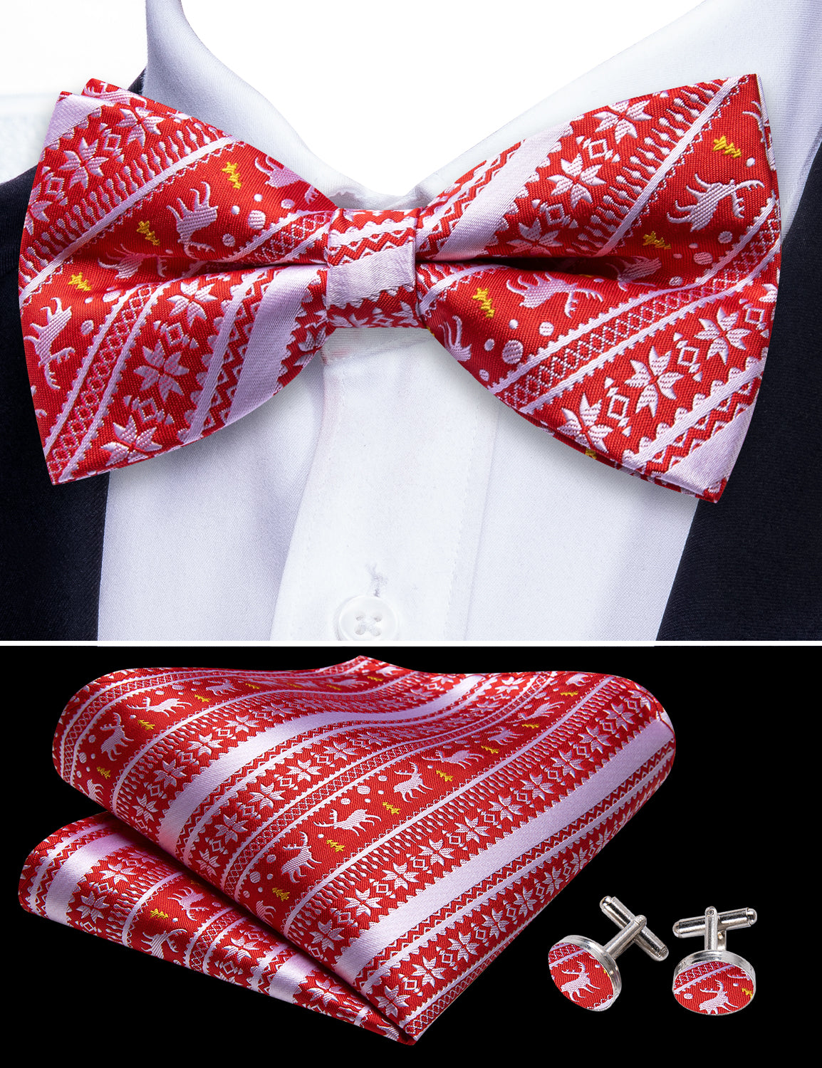 Christmas Red White Xmas Elk Pre Tied Bow Tie Hanky Cufflinks Set