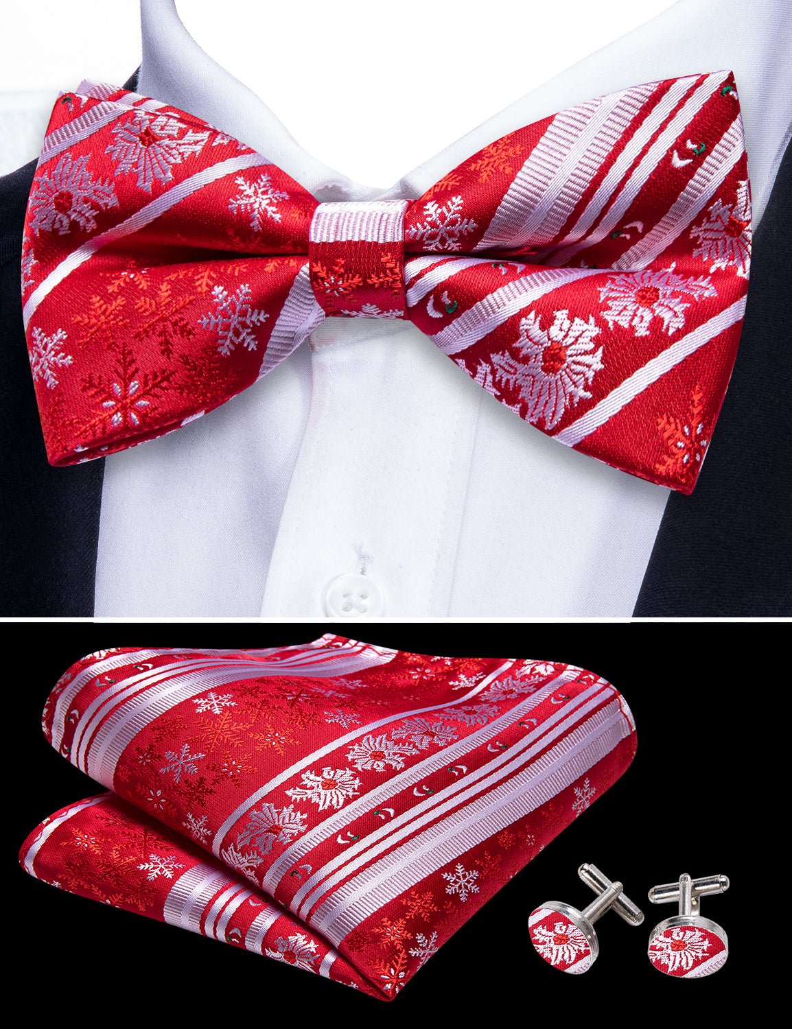 Christmas Red White Xmas Snowflake Pre Tied Bow Tie Hanky Cufflinks Set