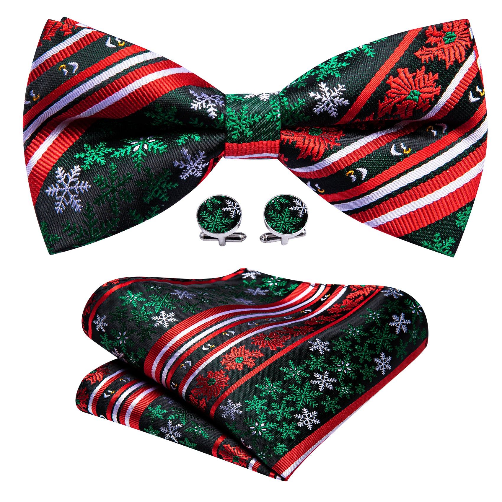 Christmas Red Green Xmas Snowflake Pre Tied Bow Tie Hanky Cufflinks Set