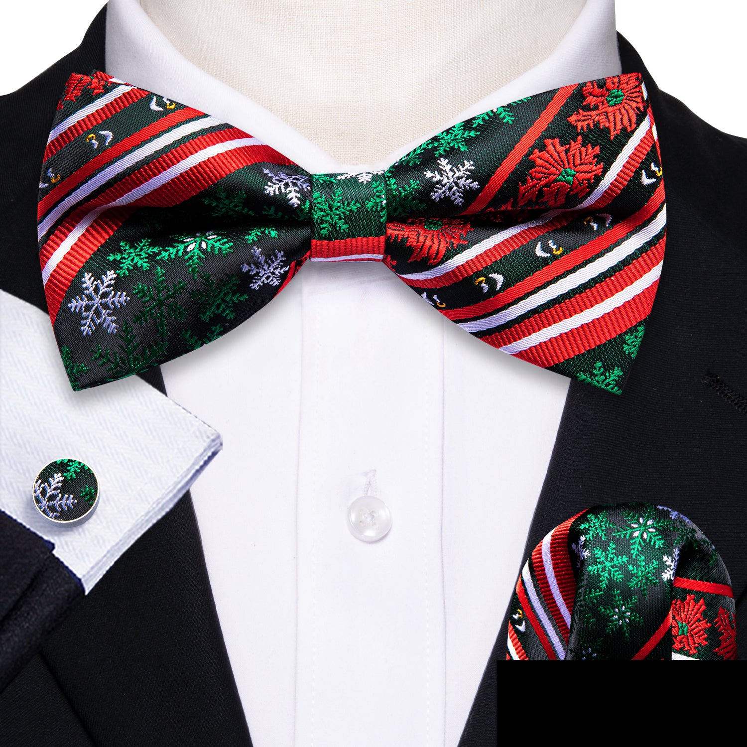 Christmas Red Green Xmas Snowflake Pre Tied Bow Tie Hanky Cufflinks Set