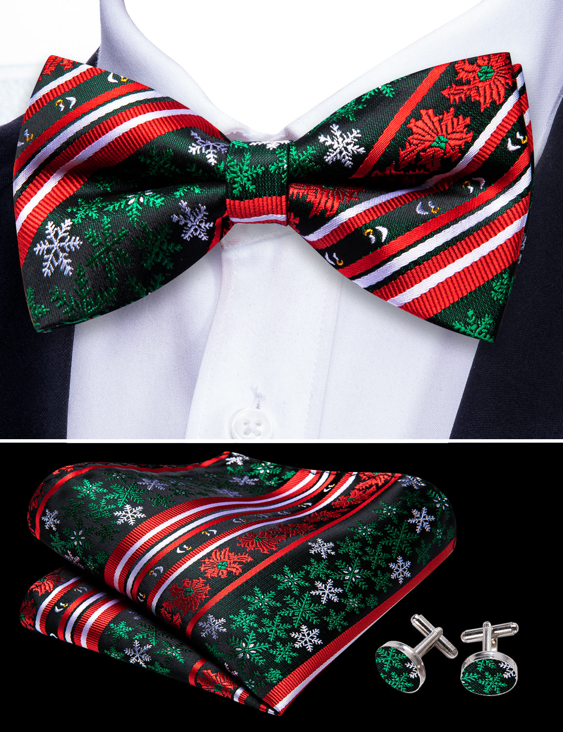 Christmas Red Green Xmas Snowflake Pre Tied Bow Tie Hanky Cufflinks Set