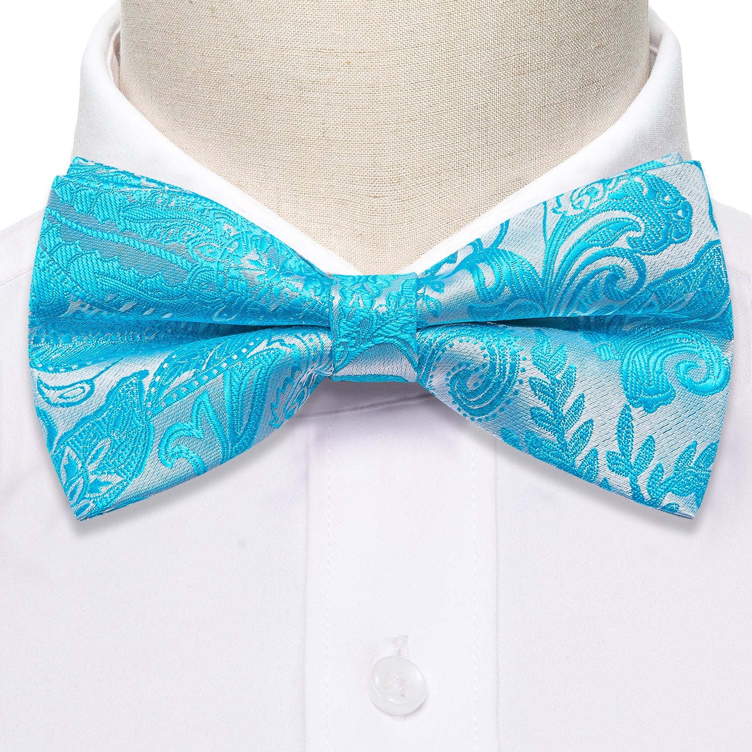 Blue Silver Paisley Pre-tied Bow Tie Hanky Cufflinks Set